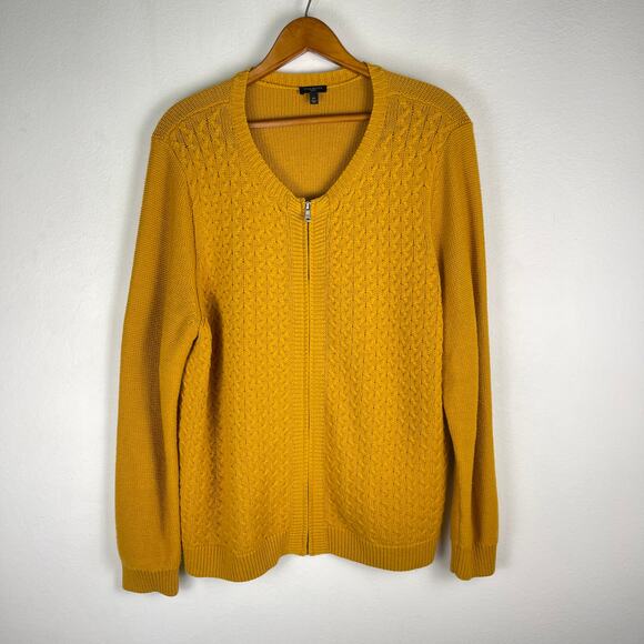 Talbots Wool Cashmere Mustard Yellow Full Zip Cable Knit Cardigan Women's 2X - Picture 1 of 9